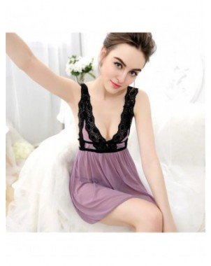 Seksuali apranga-Chalatai-Lace Deep V-neck Nightdress Sexy