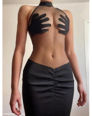 Moterų mada-Atviri drabužėliai-Hawthaw Moterys Sexy Halter Party Club Bodycon Mesh Black Mini
