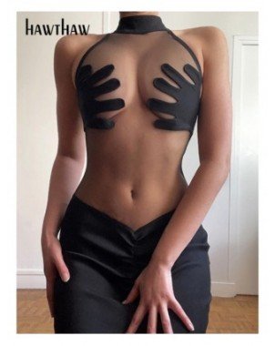 Moterų mada-Atviri drabužėliai-Hawthaw Moterys Sexy Halter Party Club Bodycon Mesh Black Mini