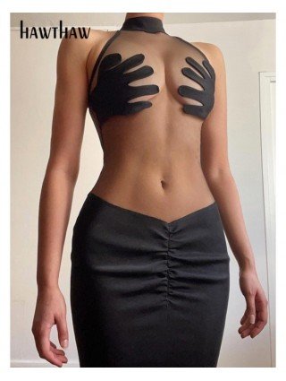 Moterų mada-Atviri drabužėliai-Hawthaw Moterys Sexy Halter Party Club Bodycon Mesh Black Mini