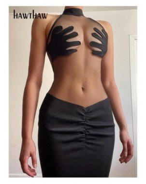 Moterų mada-Atviri drabužėliai-Hawthaw Moterys Sexy Halter Party Club Bodycon Mesh Black Mini