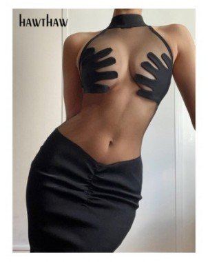 Moterų mada-Atviri drabužėliai-Hawthaw Moterys Sexy Halter Party Club Bodycon Mesh Black Mini