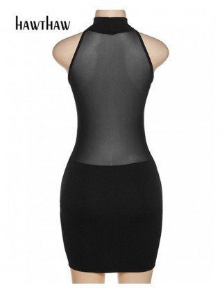 Moterų mada-Atviri drabužėliai-Hawthaw Moterys Sexy Halter Party Club Bodycon Mesh Black Mini