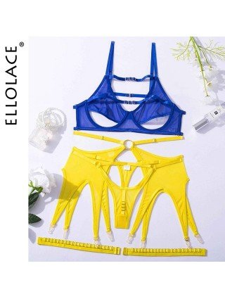 Ellolace Fetish Lingerie See Through Porn Underwear Women Body Sheer Lace  Intimate 5piece Naked Seamless Intimate Set