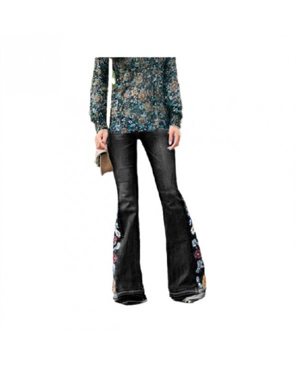Bell Bottom Jeans for Women Flared Floral Embroidered Jean Wide