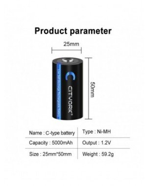 Priedai ir dalys-Baterijos-CITYORK 1.2V C dydžio įkraunama baterija 5000mAh Ni-MH LR14 R14