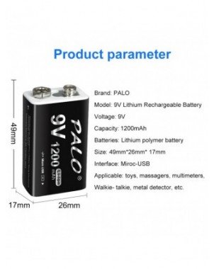 Priedai ir dalys-Baterijos-PALO 9V įkraunama baterija 1200mAh 6F22 Micro USB 9v ličio jonų