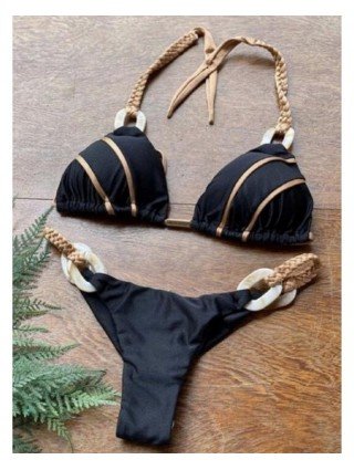 Swimwear-Cover-Ups-Black Bandeau Bikini Set Swimwear Women Push