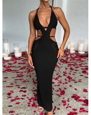 Women's Fashion-Dresses-Sexy V Neck Halter Cut Out Crochet