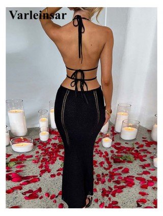 Women's Fashion-Dresses-Sexy V Neck Halter Cut Out Crochet