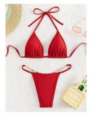 Swimwear-Bikini Sets-2023 Halter Mini Micro String Pearl