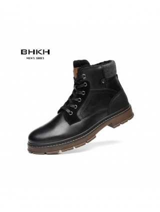 BHKH 2021 Winter Men Boots Zip Lace-up Ankle Boots Comfy Snow