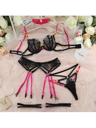4-Piece Lace Lingerie Set Choker Contrast Color Bow Bandage