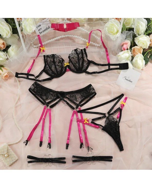 4-Piece Lace Lingerie Set Choker Contrast Color Bow Bandage 4-Piece Lace Lingerie Set Choker Contrast Color Bow Bandage