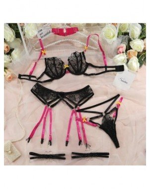 4-Piece Lace Lingerie Set Choker Contrast Color Bow Bandage