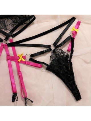 4-Piece Lace Lingerie Set Choker Contrast Color Bow Bandage