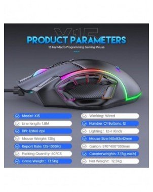 12800DPI Free Weight Macro RGB Gaming Mouse 12 Programmable