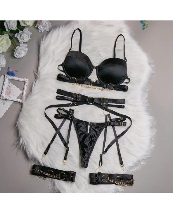 3-Piece Padded Lingerie Set Women Gothic Sensual Chain