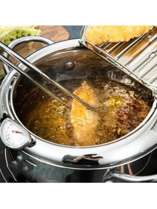 Japanese Deep Frying Pot with a Thermometer and a Lid 304