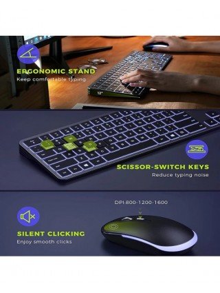 Belaidės klaviatūros ir pelės derinys 2.4G USB tyli, apšviesta