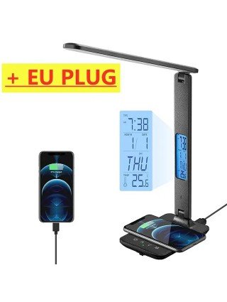 Wireless Charger Pad LED Desk Lamp Temperature Alarm Clock Eye