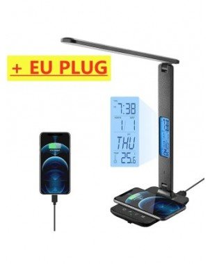 Wireless Charger Pad LED Desk Lamp Temperature Alarm Clock Eye