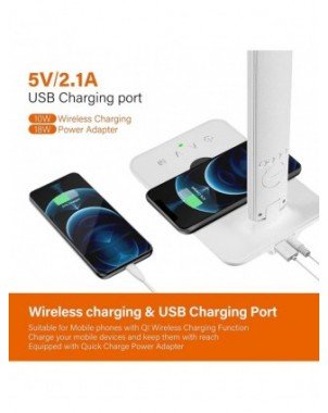 Wireless Charger Pad LED Desk Lamp Temperature Alarm Clock Eye