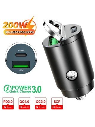 100W/200W QC3.0 PD Mini Car Charger 12-24V Lighter Fast