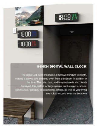 9“ Digital Wall Clock Large LED Screen Temperature Humidity