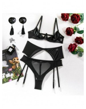 Tassel Lingerie Set Women 4-Piece Mesh Erotic Bra + Back Open