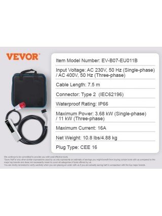 Portable EV Charger Type 2 16A 3.68kW/11kW or 32A 7.36kW/22kW