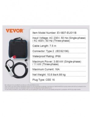 Portable EV Charger Type 2 16A 3.68kW/11kW or 32A 7.36kW/22kW