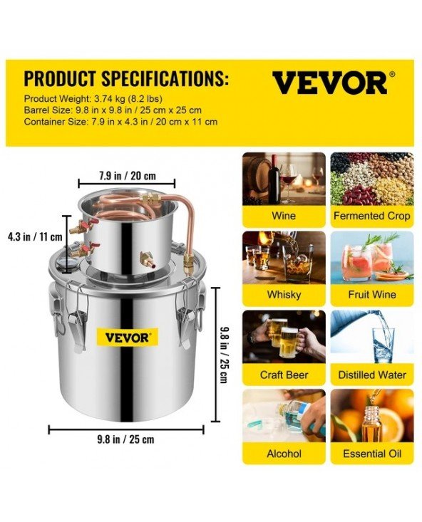 3/5/8 GAL Water Alcohol Distiller Copper Wine Making Boiler 3/5/8 GAL Water Alcohol Distiller Copper Wine Making Boiler
