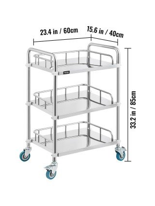 Medical Dental Lab Cart with 3 Shelves Stainless Steel Wheels