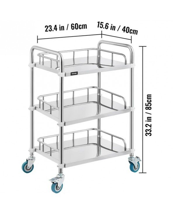 Medical Dental Lab Cart with 3 Shelves Stainless Steel Wheels