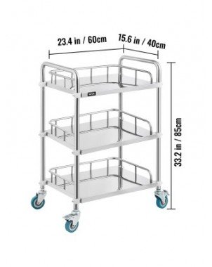 Medical Dental Lab Cart with 3 Shelves Stainless Steel Wheels