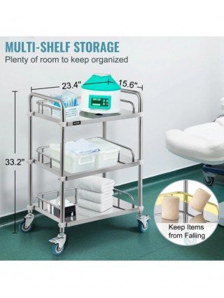 Medical Dental Lab Cart with 3 Shelves Stainless Steel Wheels