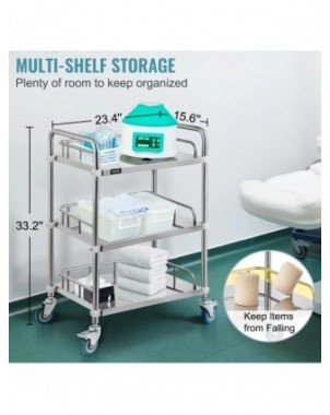Medical Dental Lab Cart with 3 Shelves Stainless Steel Wheels