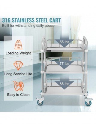 Medical Dental Lab Cart with 3 Shelves Stainless Steel Wheels