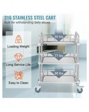 Medical Dental Lab Cart with 3 Shelves Stainless Steel Wheels