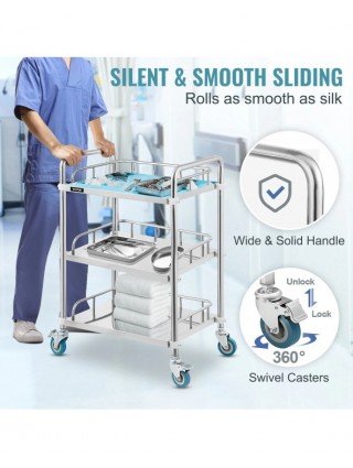Medical Dental Lab Cart with 3 Shelves Stainless Steel Wheels