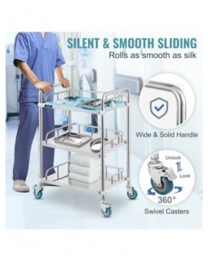Medical Dental Lab Cart with 3 Shelves Stainless Steel Wheels