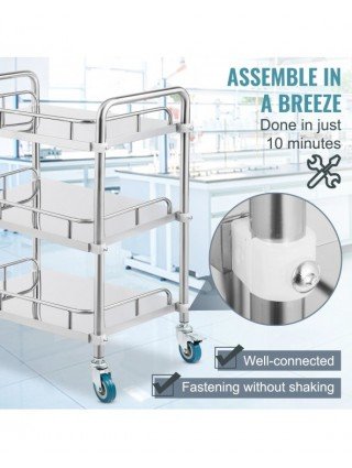 Medical Dental Lab Cart with 3 Shelves Stainless Steel Wheels