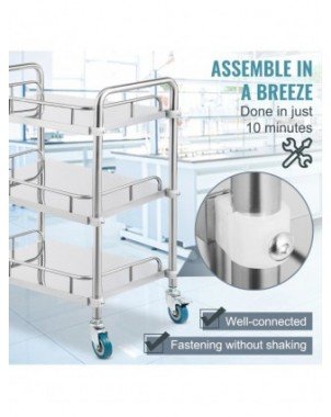 Medical Dental Lab Cart with 3 Shelves Stainless Steel Wheels