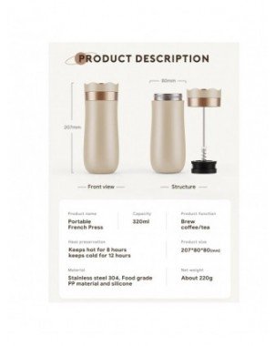 Portable French Press Pot 320ml Travel Coffee Maker Stainless