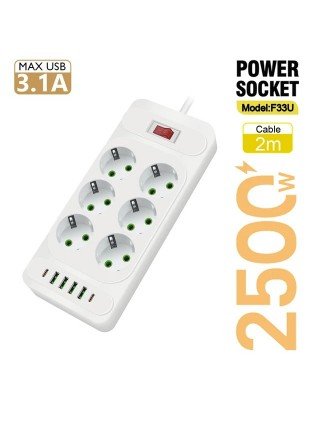 EU Plug AC Outlet Multitap Power Strip 2m Extension Cord