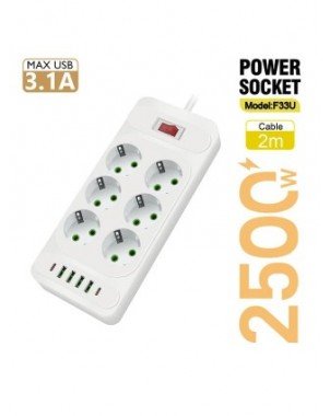 EU Plug AC Outlet Multitap Power Strip 2m Extension Cord