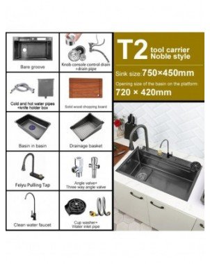Stainless Steel Kitchen Waterfall Sink Digital Display Large
