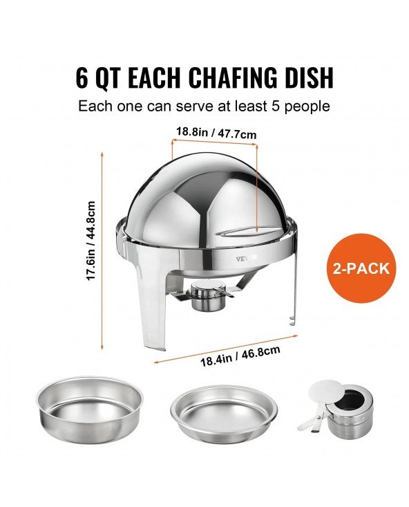 Roll Top Chafing Dish Buffet Set 6 Qt 2 Pack Stainless Steel