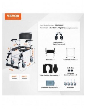 Shower Commode Wheelchair with 4 Lockable Wheels Footrests